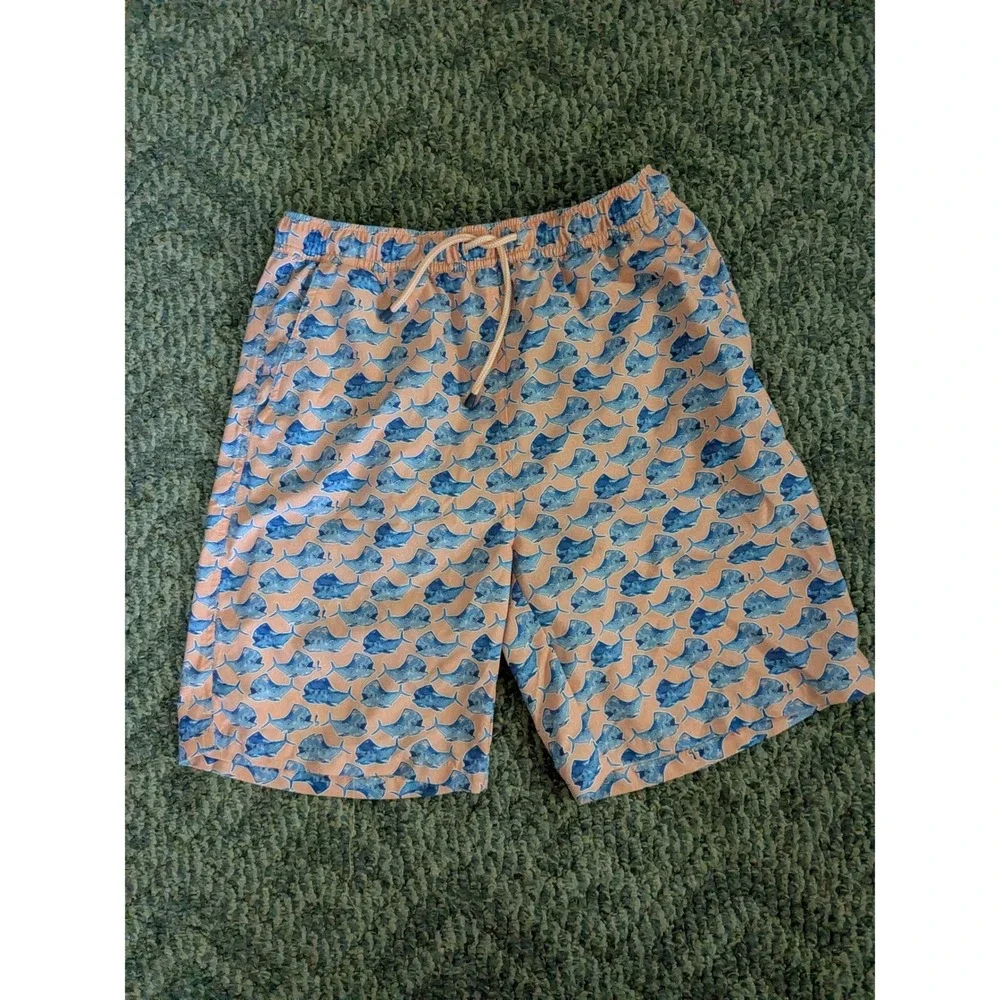 Peter Millar Seaside Mens Swim Trunks Peach Blue Mahi Mahi Fish Print Size M